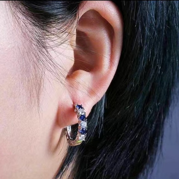 Sapphire & Diamond Silver Toned Hoop Earrings - Picture 2 of 4
